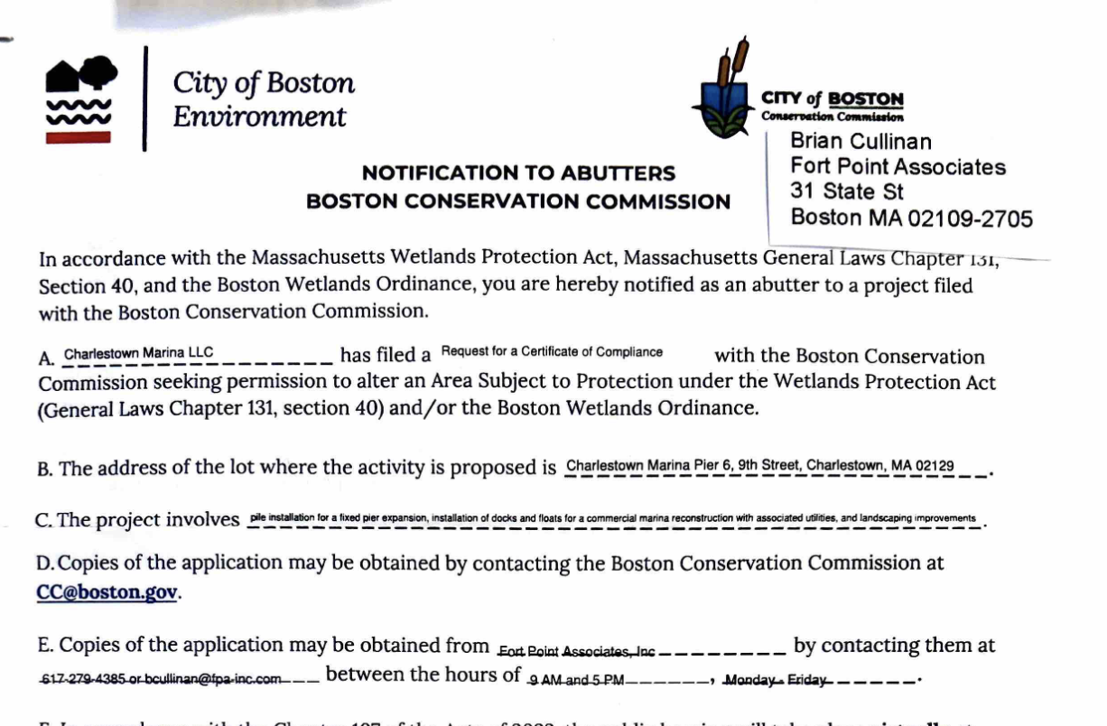 Charlestown Marina LLC Notice to Abutters