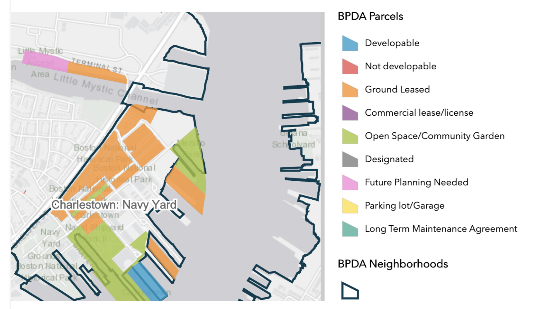 Aerial map of the Charlestown Navy Yard, showing various parcels and designations for development, open space, and community gardens.
