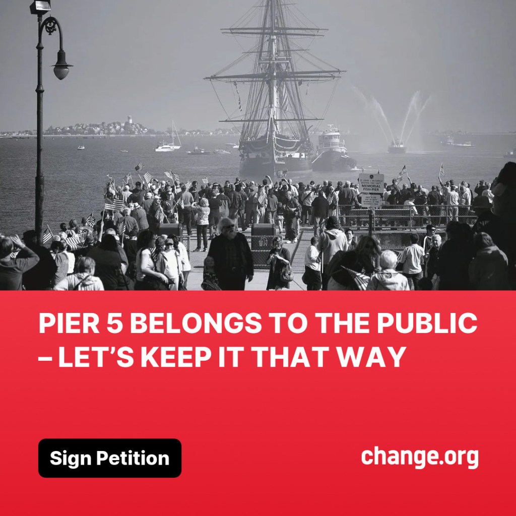 A photo showing Pier 5 in the Charlestown Navy Yard, highlighting the waterfront space with boats docked nearby.