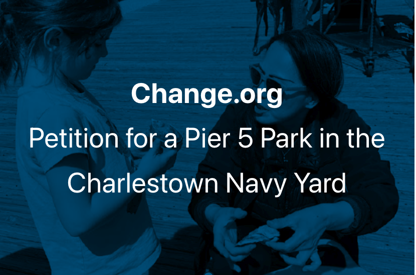 A young girl and an adult woman are engaging in conversation on a wooden deck. The image promotes a petition for a Pier 5 Park in the Charlestown Navy Yard.