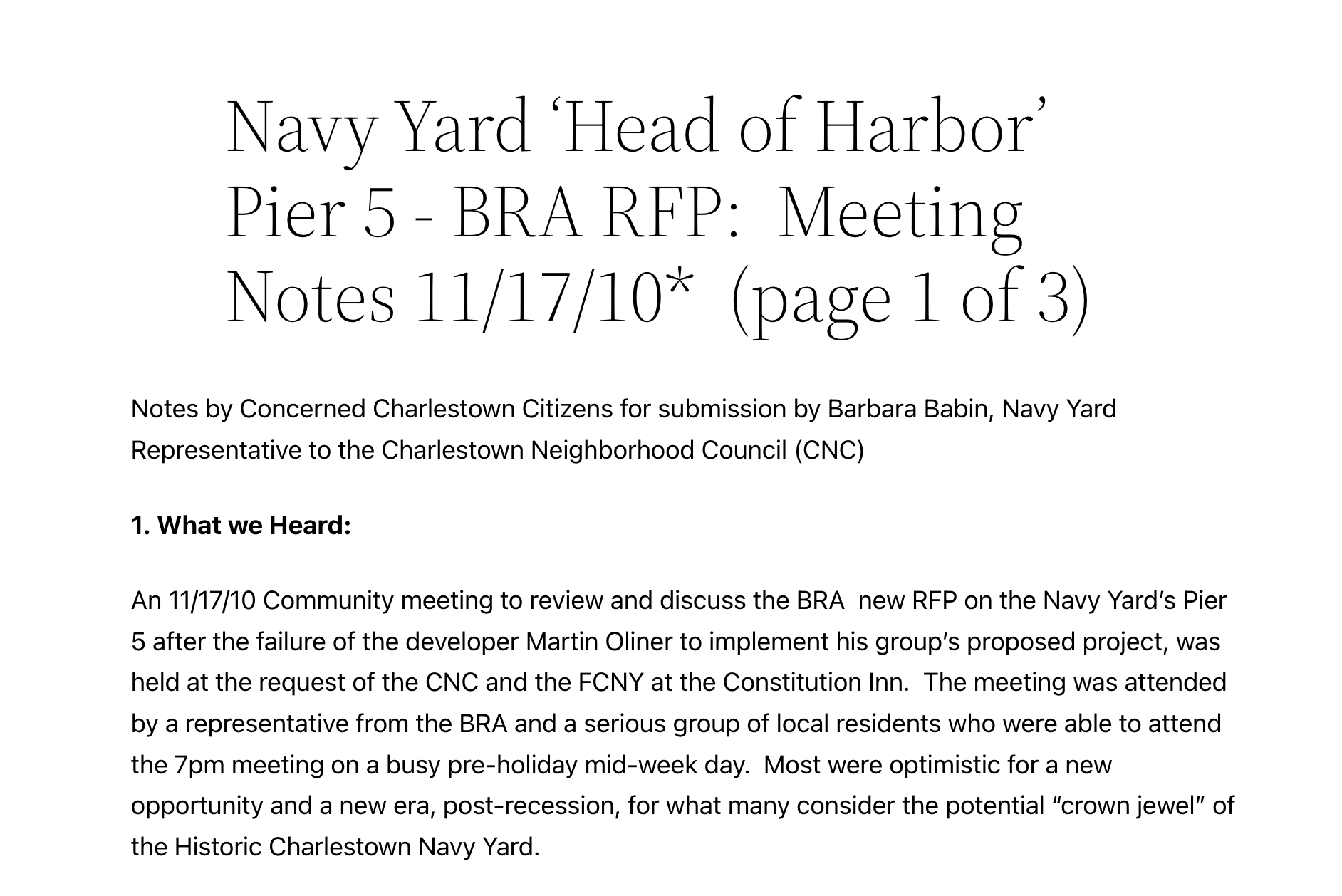 Navy Yard ‘Head of Harbor’ Pier 5 – BRA RFP: Meeting Notes 11/17/10* (page 1 of 3)