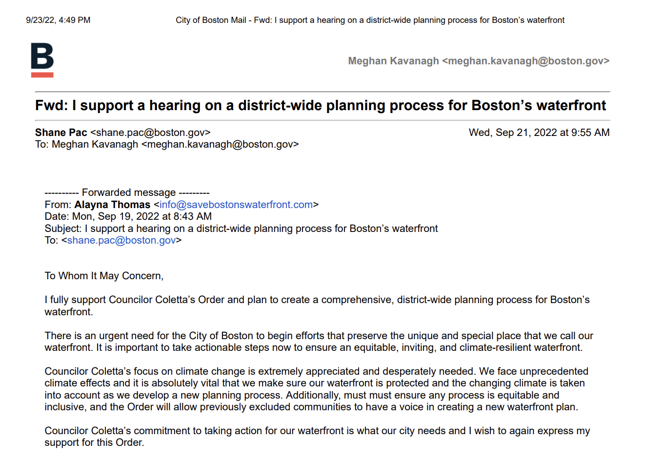 Fwd: I support a hearing on a district-wide planning process for Boston’s waterfront 2022 Thomas