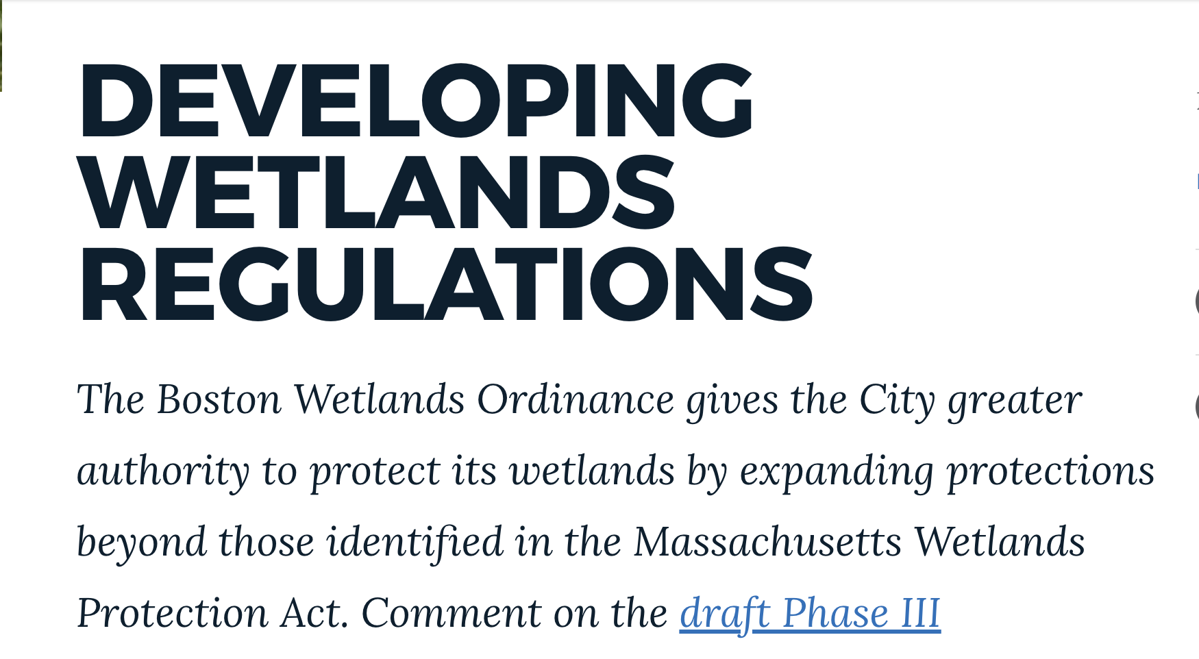 Developing Wetlands Regulations- expanding protections beyond those identified in the Massachusetts Wetlands Protection Act.