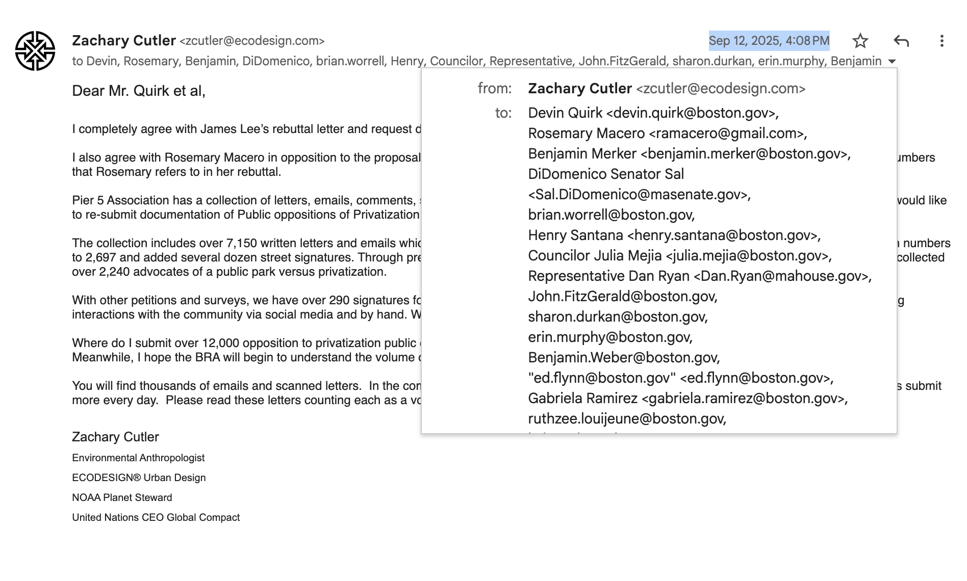 Over 12,500 letters agains privatization of Pier 5 unacknowledged by the BRA.
