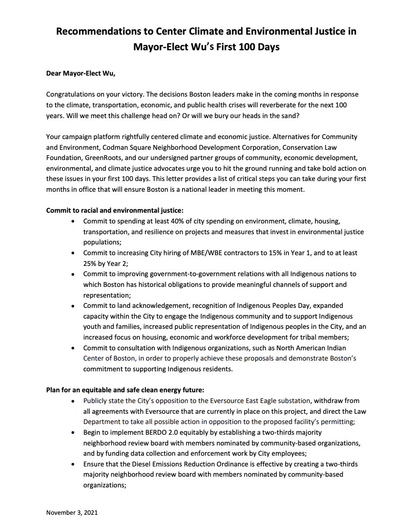 Recommendations to Center Climate and Environmental Justice in Mayor-Elect Wu’s First 100 Days CLF
